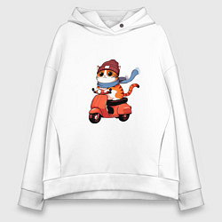 Женское худи оверсайз Кот в шапке на скутере