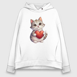 Женское худи оверсайз Серый кот держит сердце в лапах