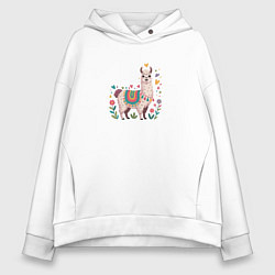 Женское худи оверсайз Лама с сердечками и цветами