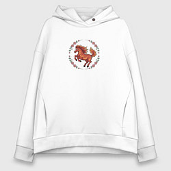 Женское худи оверсайз Огненная лошадь и розовые цветы