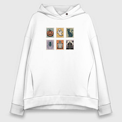 Женское худи оверсайз Символы Хэллоуина тыква привидение и черный кот