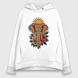 Женское худи оверсайз Слон на фоне солнца с розами в стиле тату