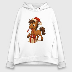 Женское худи оверсайз Лошадка распаковывает подарок