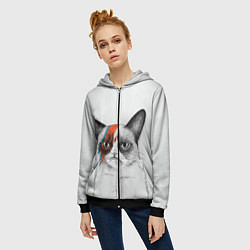 Толстовка на молнии женская David Bowie: Grumpy cat, цвет: 3D-черный — фото 2