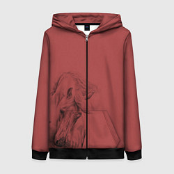 Толстовка на молнии женская Конь на красном фоне, цвет: 3D-черный