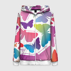 Толстовка на молнии женская Разноцветные бабочки, цвет: 3D-белый
