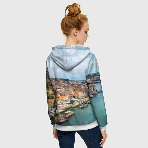 Женская толстовка на молнии Порту, оранжевые крыши, лодки / 3D-Белый – фото 4
