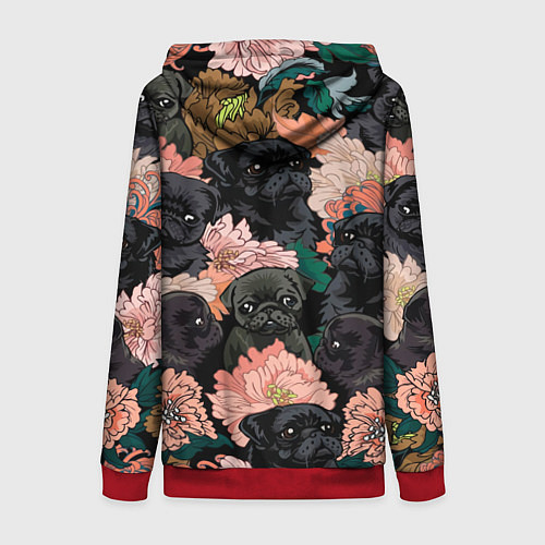 Женская толстовка на молнии Мопсы и Цветы / 3D-Красный – фото 2