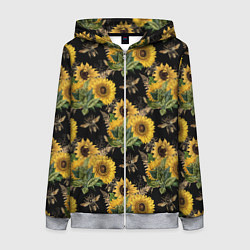 Толстовка на молнии женская Fashion Sunflowers and bees, цвет: 3D-меланж