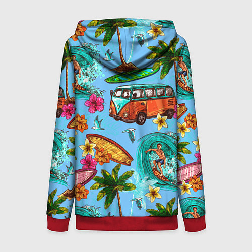 Женская толстовка на молнии Пальмы, волны, серфинг / 3D-Красный – фото 2