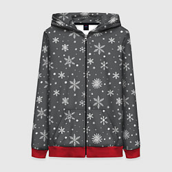 Толстовка на молнии женская Белые снежинки на сером фоне, цвет: 3D-красный