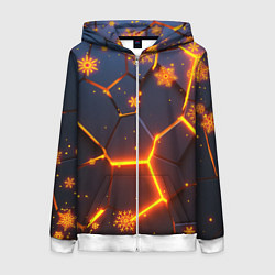Толстовка на молнии женская НОВОГОДНИЕ ОГНЕННЫЕ 3D ПЛИТЫ FIRE NEON HEXAGON, цвет: 3D-белый