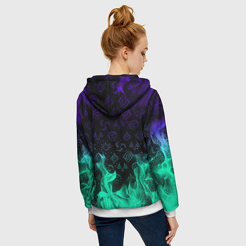 Женская толстовка на молнии НЕОНОВЫЙ ОГОНЬ ГЕНШИН ИМПАКТ СИМВОЛЫ / 3D-Белый – фото 4