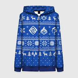 Толстовка на молнии женская НОВОГОДНИЙ СВИТЕР GENSHIN IMPACT СИНИЙ, цвет: 3D-синий