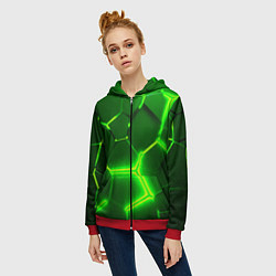 Толстовка на молнии женская 3D ПЛИТЫ НЕОН NEON GREEN HEXAGON РАЗЛОМ, цвет: 3D-красный — фото 2
