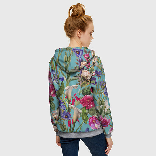 Женская толстовка на молнии Цветы Ярко-Синие / 3D-Меланж – фото 4