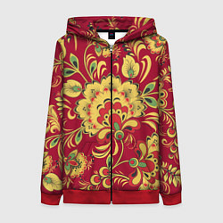 Толстовка на молнии женская Хохломская Роспись Цветы На красном Фоне, цвет: 3D-красный