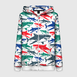 Толстовка на молнии женская Стая разноцветных акул - паттерн, цвет: 3D-белый