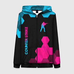 Толстовка на молнии женская Counter Strike - neon gradient: символ и надпись в, цвет: 3D-черный