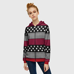 Толстовка на молнии женская Burgundy black striped pattern, цвет: 3D-красный — фото 2