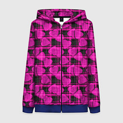 Толстовка на молнии женская Black and pink hearts pattern on checkered, цвет: 3D-синий