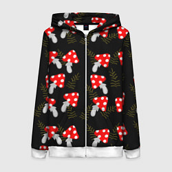 Толстовка на молнии женская Мухоморы на черном фоне, цвет: 3D-белый