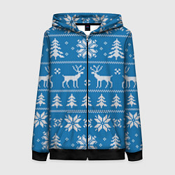 Толстовка на молнии женская Рождественский синий свитер с оленями, цвет: 3D-черный