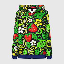 Толстовка на молнии женская Роспись земляника и цветы, цвет: 3D-синий
