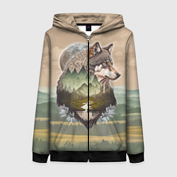 Толстовка на молнии женская Портрет волка в технике двойной экспозиции, цвет: 3D-черный