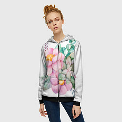 Толстовка на молнии женская Пастельные цветы - посередине, цвет: 3D-черный — фото 2