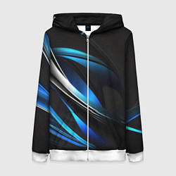 Толстовка на молнии женская Абстрактные синие и белые линии на черном фоне, цвет: 3D-белый