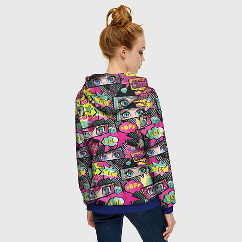 Женская толстовка на молнии Глаза аниме-девушки: cool pattern / 3D-Синий – фото 4
