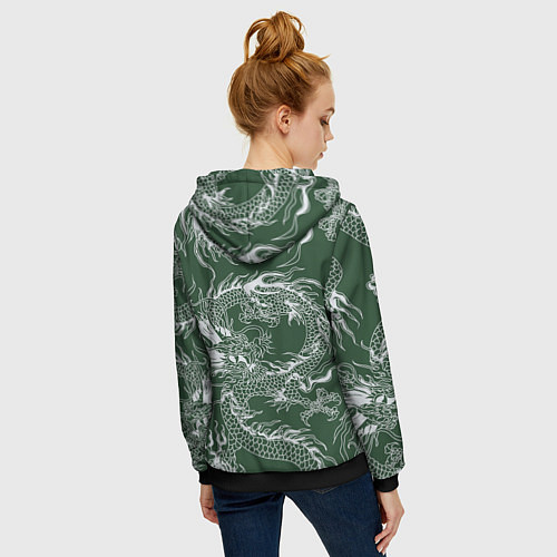 Женская толстовка на молнии Татуировка дракона на зеленом фоне / 3D-Черный – фото 4