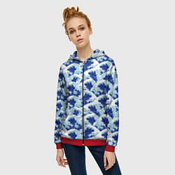 Толстовка на молнии женская Японские синие волны, цвет: 3D-красный — фото 2