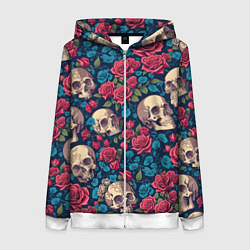 Женская толстовка на молнии Черепа и красные розы