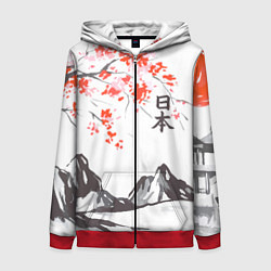 Толстовка на молнии женская Цветущая сакура и солнце - Япония, цвет: 3D-красный