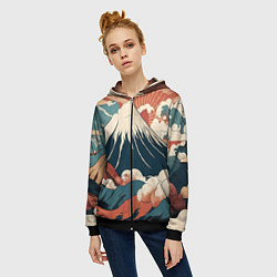 Толстовка на молнии женская Ретро Фудзияма, цвет: 3D-черный — фото 2