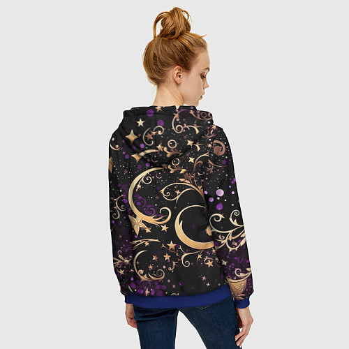 Женская толстовка на молнии Чёрный паттерн со звёздами и лунами / 3D-Синий – фото 4
