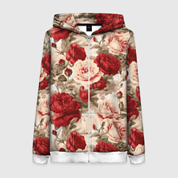 Толстовка на молнии женская Розы паттерн, цвет: 3D-белый