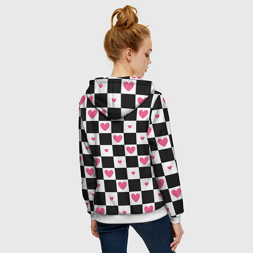 Женская толстовка на молнии Розовые сердечки на фоне шахматной черно-белой дос / 3D-Белый – фото 4