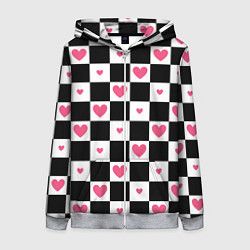 Толстовка на молнии женская Розовые сердечки на фоне шахматной черно-белой дос, цвет: 3D-меланж