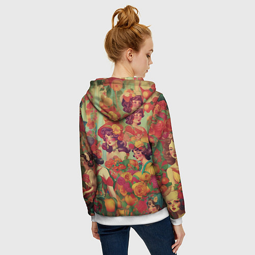 Женская толстовка на молнии Винтажные ретро леди и цветы / 3D-Белый – фото 4