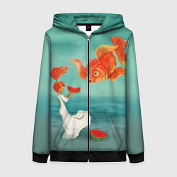 Толстовка на молнии женская Девочка с арбузом и золотая рыбка, цвет: 3D-черный