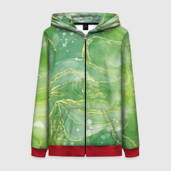 Толстовка на молнии женская Абстрактный зеленый мрамор с золотым, цвет: 3D-красный