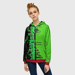 Толстовка на молнии женская Кибер-глитч зелёный, цвет: 3D-красный — фото 2