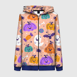 Толстовка на молнии женская Halloween - pumpkins and ghosts, цвет: 3D-синий