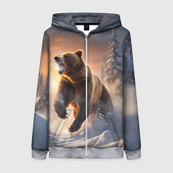 Толстовка на молнии женская Бурый медведь в лесу, цвет: 3D-меланж
