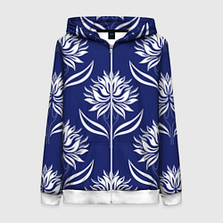 Женская толстовка на молнии Абстрактные белые лотосы на синем - паттерн