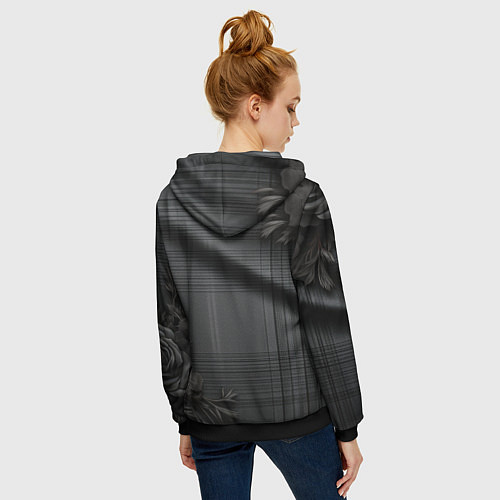 Женская толстовка на молнии Серо-черная шотландская клетка и цветы / 3D-Черный – фото 4