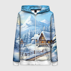 Толстовка на молнии женская Новогодняя зимняя деревня, цвет: 3D-белый